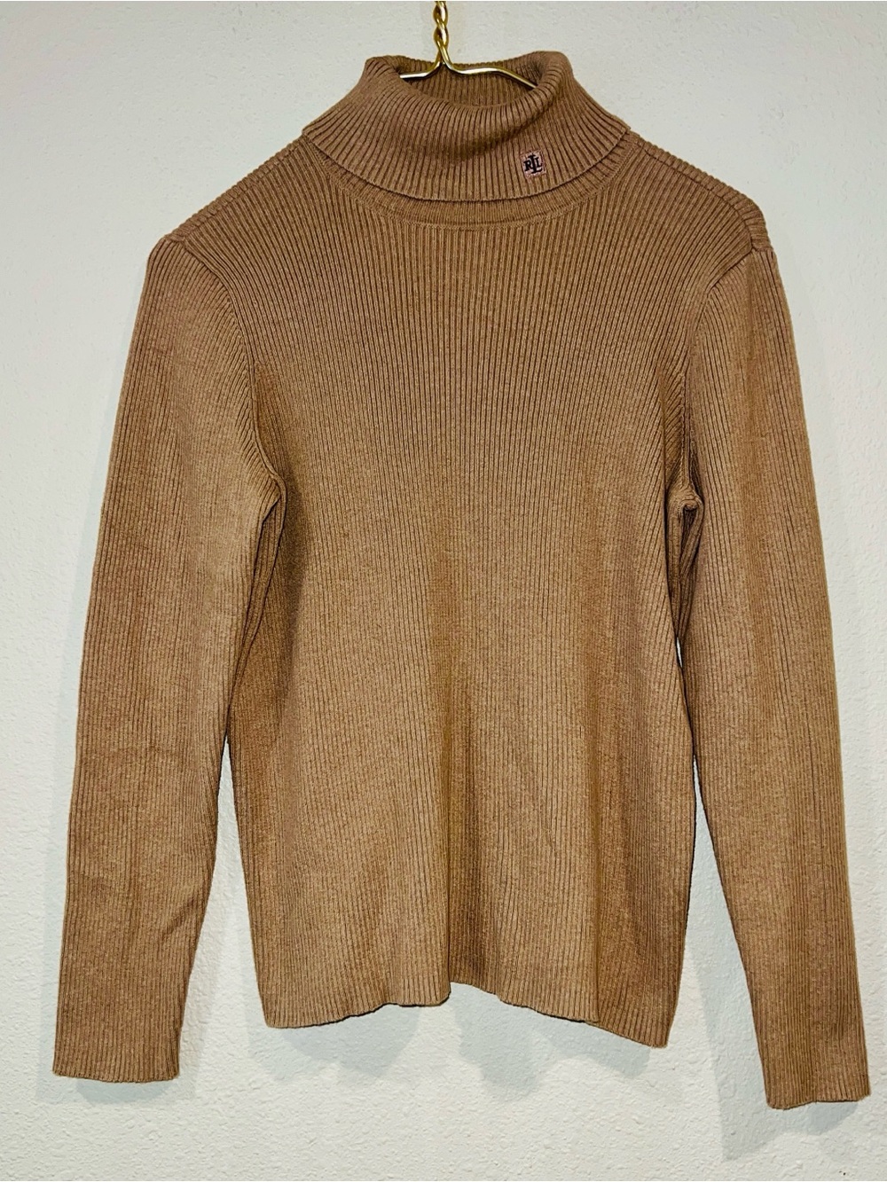 women’s LRL tan ribbed-knit turtleneck sweater top Lauren Ralph Lauren sz Large